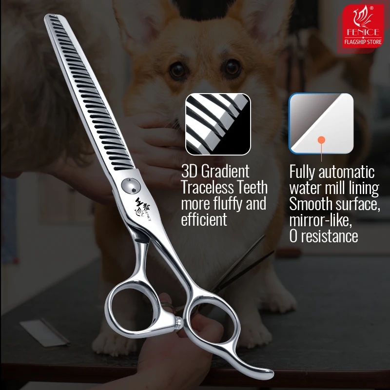 Dog Grooming Scissors 7.0 Inch VG10 Steel 3D Gradient Traceless Teeth Pet Curved/Straight Chunker Scissors Bearing Screws Pet Grooming Shears For Fenice