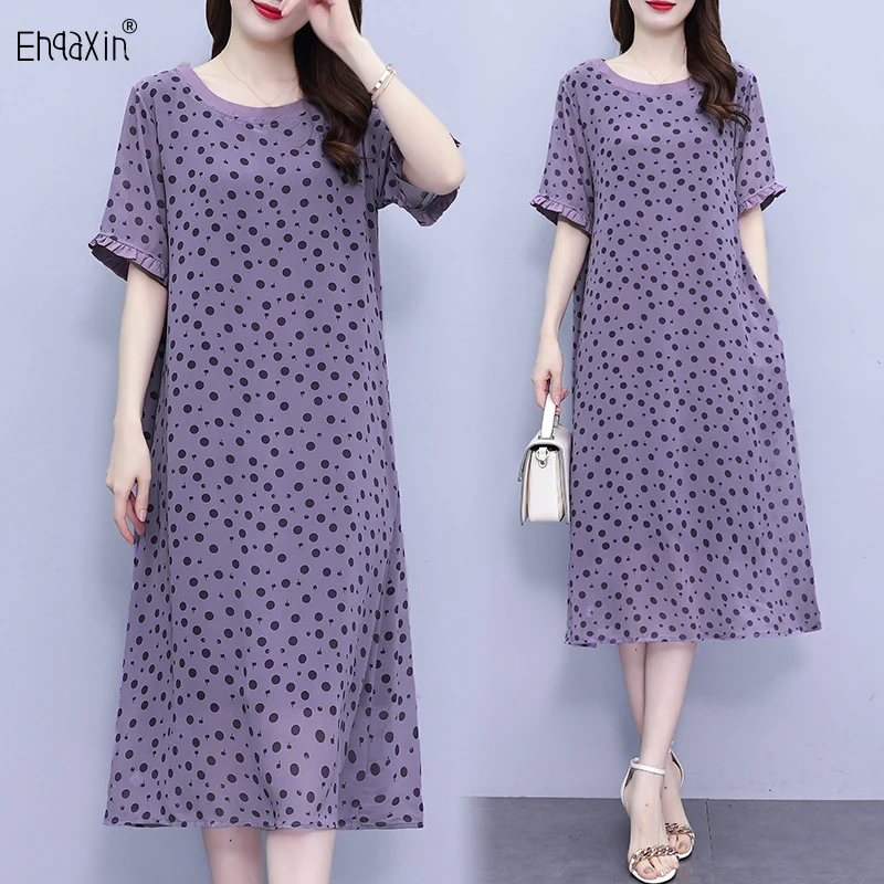 

EHQAXIN Women's Elegant Dress Fashion 2023 Summer Gentle Purple Polka Dots Loose Leisure Short Sleeve Long Dresses Ladies L-5XL