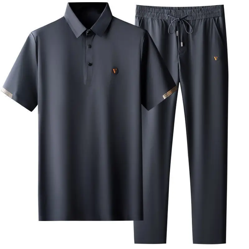 

Clothes for men Summer Thin Simple Quick-drying Business Polo Shirt Set Fashion Casual Loose Printed Two-piece Set