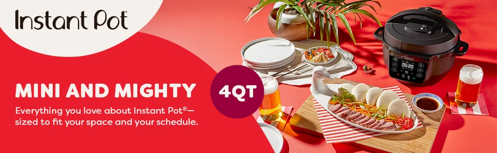 Instant Pot 4Qt RIO mini on table with cooked bao buns in front