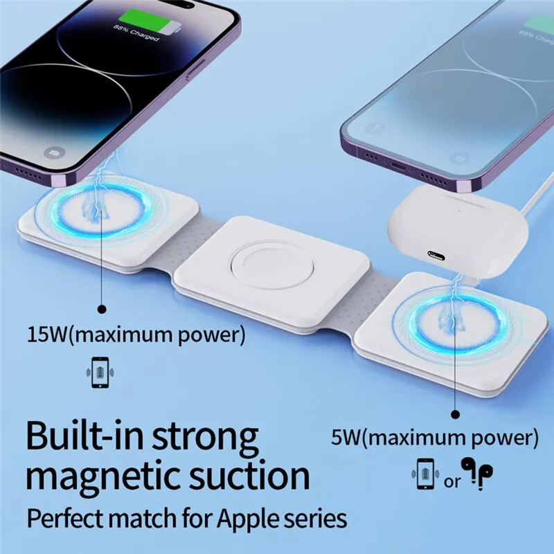 3 in 1 Magnetic Wireless Charger Pad Foldable Phone Chargers Stand For iPhone 14 13 12 Airpods IWatch 7 6 5 Xiaomi