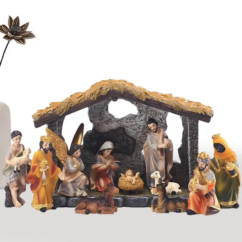 12Pcs/set Birth of Jesus Nativity Manger Set Christmas Holy Family Crafts Statue For Home Living Room Church Decoration