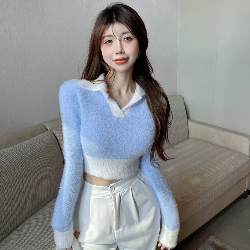 

V-neck Slim Korean Sweater For Women Color Contrast Color Blocking V-neck Slim Autumn And Winter Tops