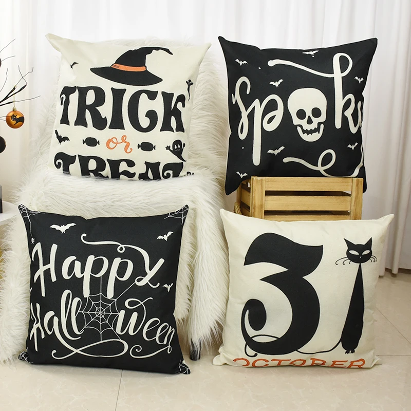 

4pcs Halloween Cute Ghost Cat Pattern Printed Square Pillowslip Soft Linen Cushion Pillowcase Living Room Home Pillow Decoration