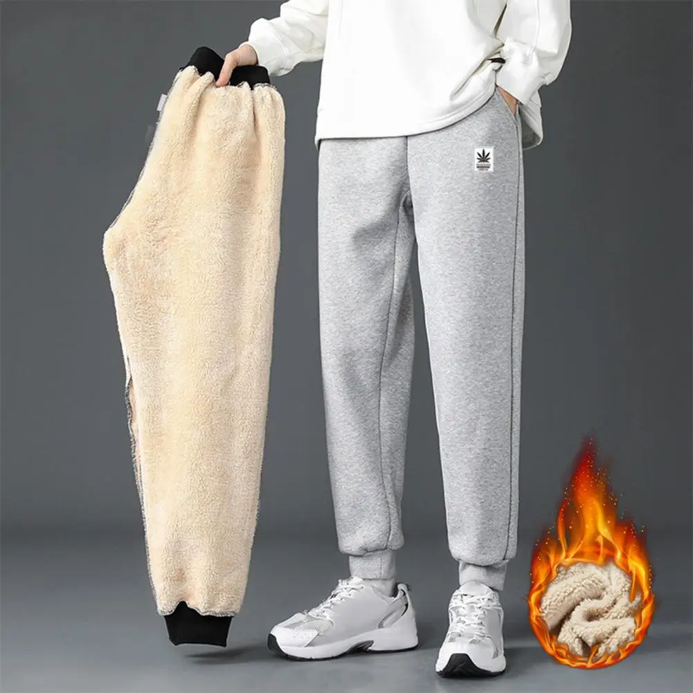 

Men Fleece Pants Warm Winter Trousers Thick Plush Drawstring Men's Winter Pants with Elastic Waist Warm Solid Color for Fall