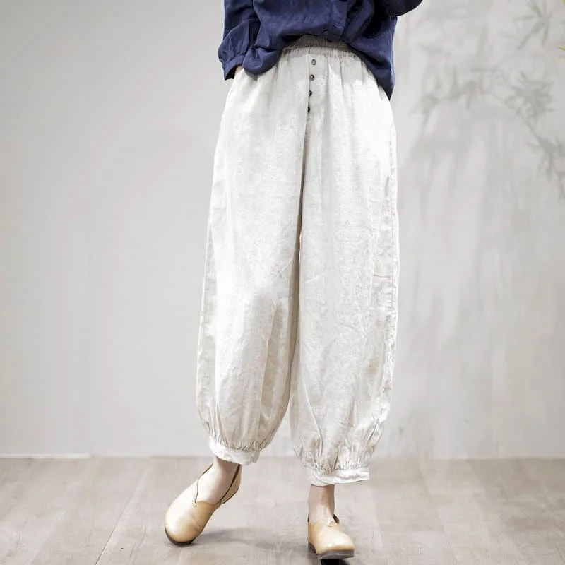 Cotton Linen Pants Solid Elastic Waist Loose Casual Vintage Clothes Korean Style Harajuku Trousers Lantern Pants Women Clothing