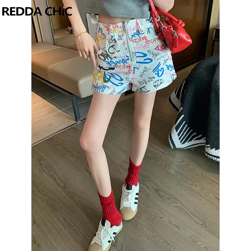 

REDDACHiC All Over Graphic Print Denim Shorts Women Colorful Graffiti Zip-up High Rise Wide Leg Cropped Jeans Grayu Y2k Clothes