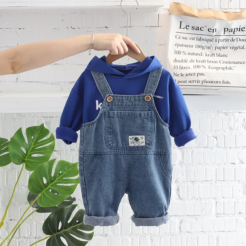 

OLEKID 2023 Spring Autumn Korean Style Children Boys 2PCS Clothes Set Printed Letter Hoodie Denim Overalls Infant Baby Boys Suit