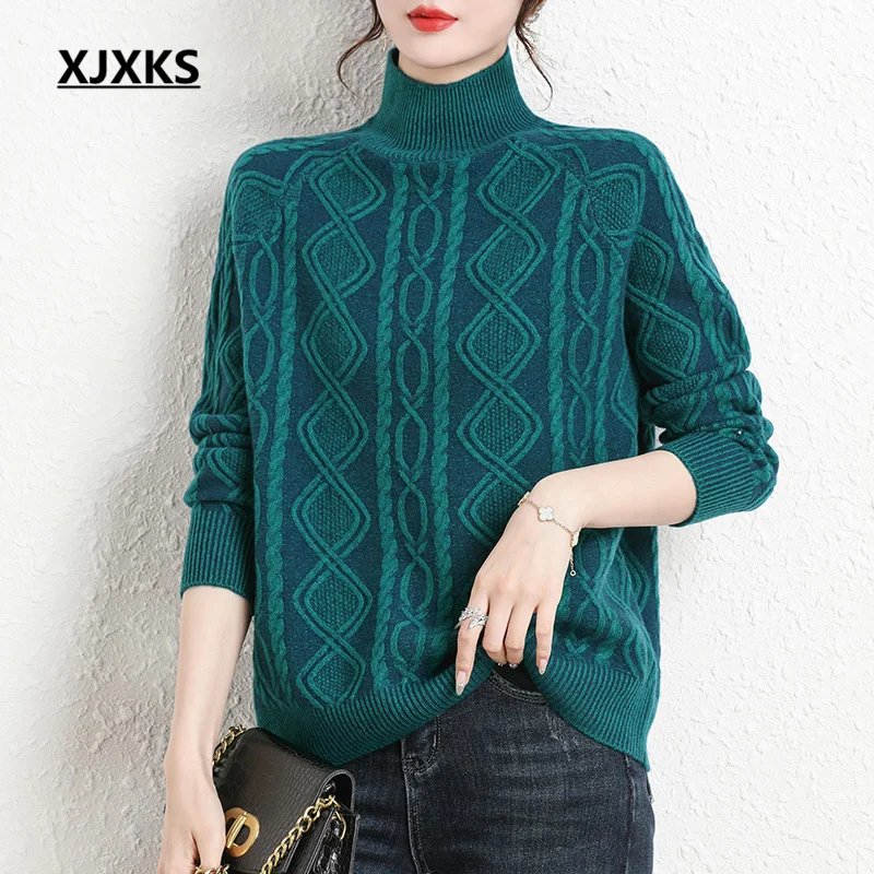 

XJXKS 2022 Winter New Women's Turtleneck Sweater Loose Oversize Soft Pullover High-end 100% Pure Wool Knit Jumper