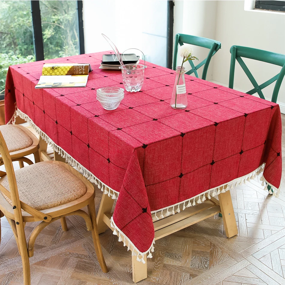 thumbnail image 1 of Mantel cuadrado grande gris con borlas bordadas, cubierta de mesa a cuadros a prueba de polvo de lino y algodón, para decoración de mesa de comedor de cocina, 1 of 5