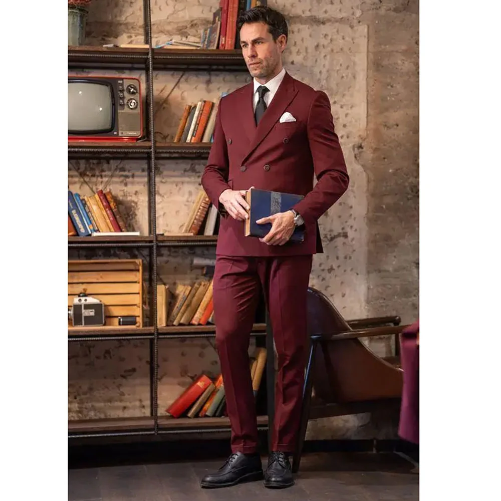 

Luxury Burgundy Double Breasted Peak Lapel Slim Fit Men Suits High Quality Business Wedding 2 Piece Jacket Pants Set Male Terno