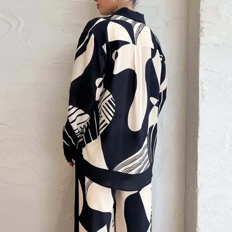 2024 New Fashion Graffiti Casual Style Printed Loose Wide Leg Pants Two Piece Set Two Piece Sets Womens Outifits Shirts