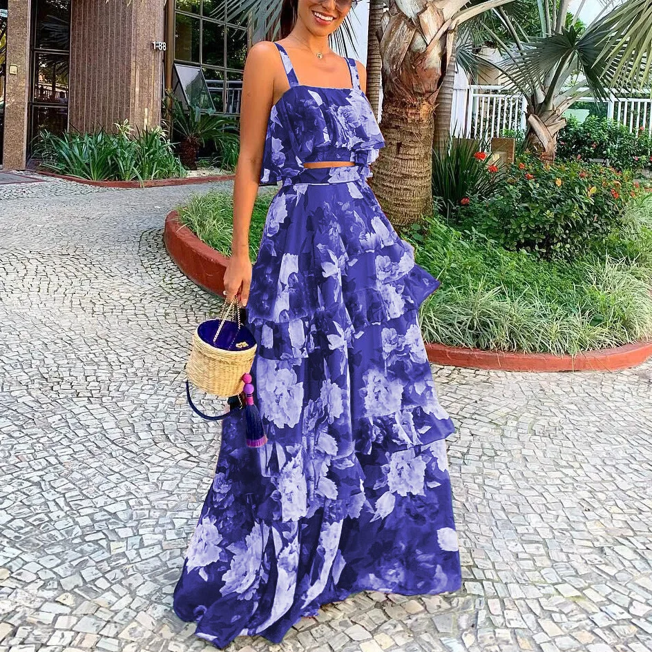 Women Two Pieces Skirt Set Strap Backless Short Top High Waist Ruffles Stitching Skirt Suit Summer Sexy Fashion Printed Outfit