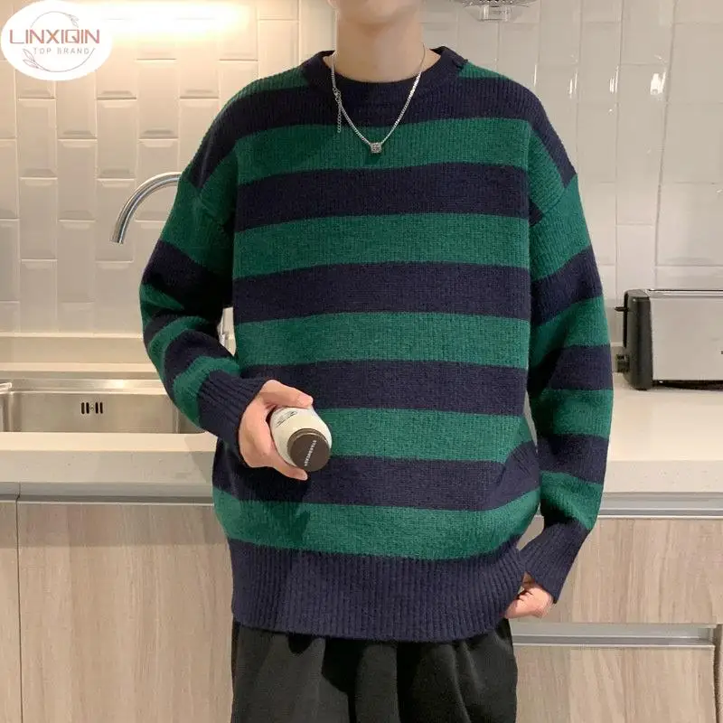 

Vintage Knitted Sweater Men Women Harajuku Casual Cotton Pullover Tate Langdon Sweater Same Style Green Striped Tops 2024 Autumn