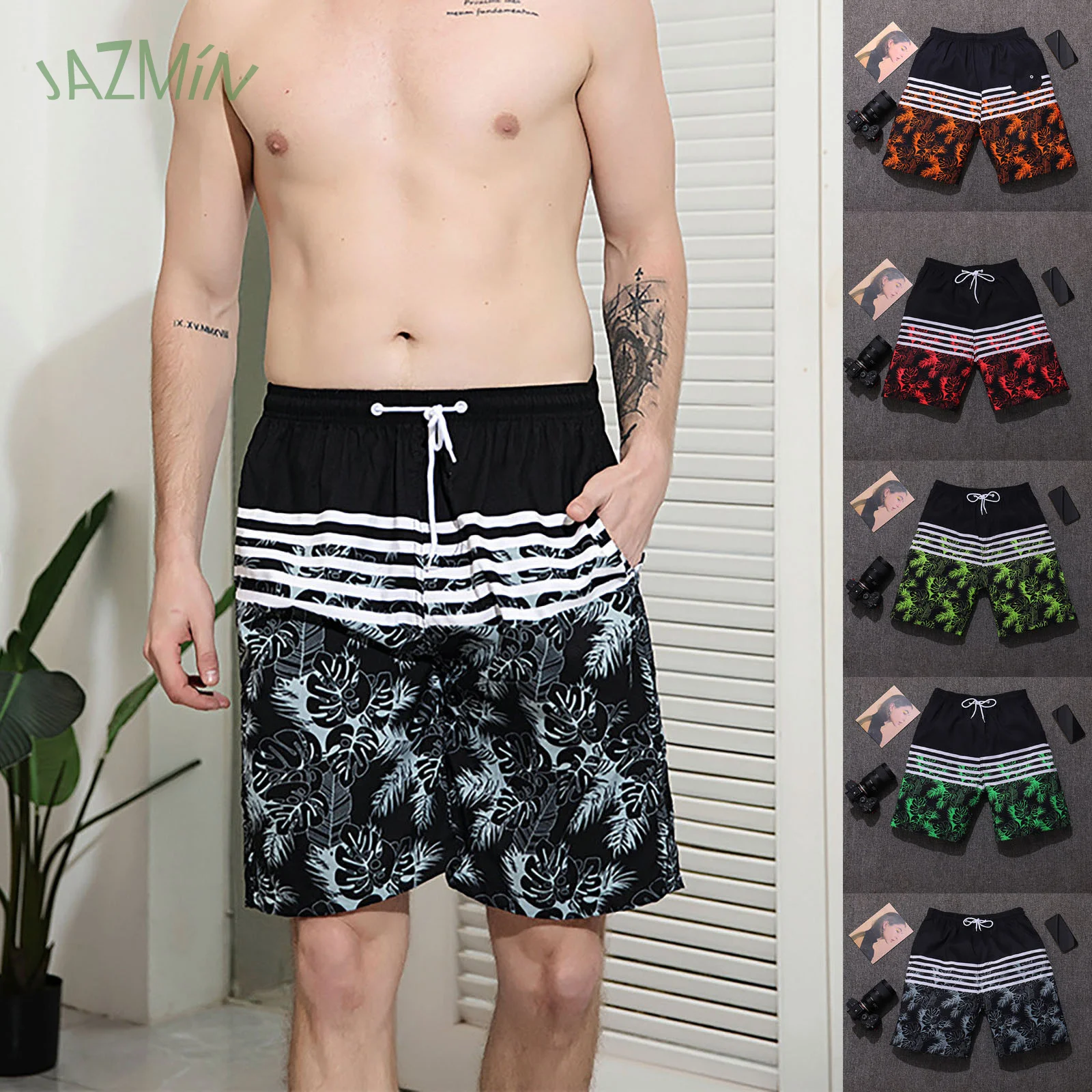 Pantalones de playa holgados para hombre, Shorts informales flores secado rápido, banda elástica con cordón, pantalones de tres puntos, moda diaria para el hogar - AliExpress