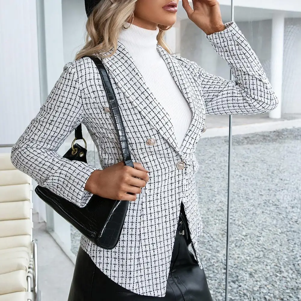 

Lady Autumn Suit Jacket Plaid Print Double-breasted Lapel Women's Suit Coat Stylish Thick Pockets Business Style Lady Office