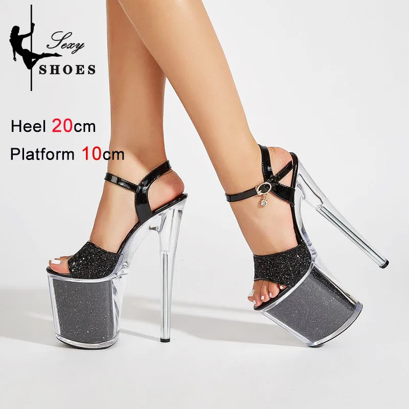 Transparent Gold Pole Dance Shoes Women 20CM  Stilettos Summer 10CM Platform Crystal High Heels Ankle Buckle Sequined Sandals