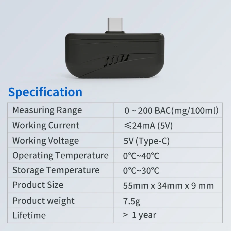 Portable Mini Alcohol Detector Plug-in Phone Work with APP Non-contact Alcohol Tester Breathalyzer Test Tools