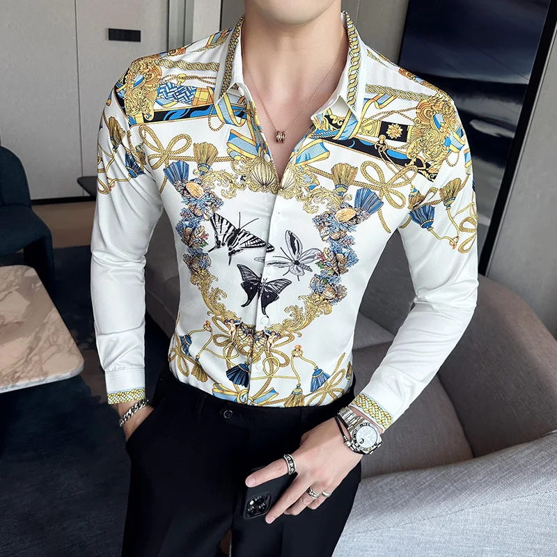 Luxurious Printed Men Shirts Summer Long Sleeve Vintage Slim Fit Casual Shirts Social Party Streetwear Tuxedo Camisa Masculina