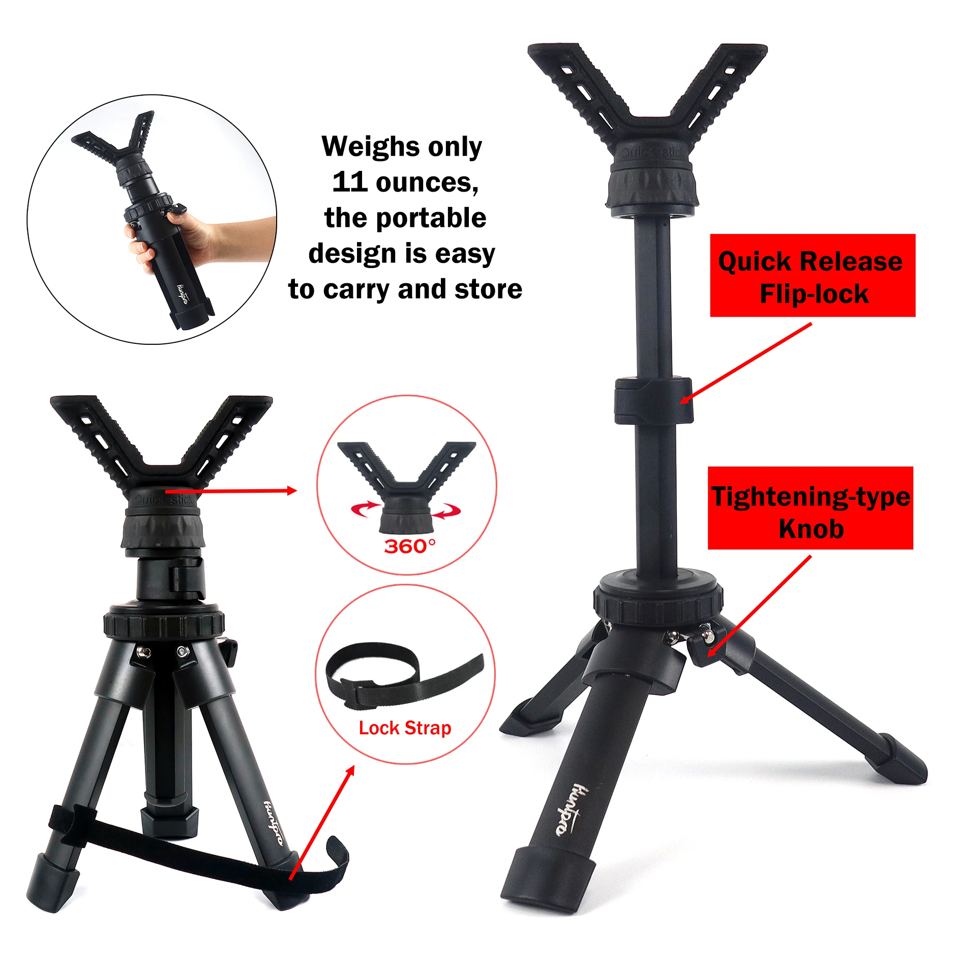 Profissional Mini Camera Stick, Tiro Caça Telescópio Tripé, Alumínio ao ar livre, V Yoke Cabeça, Ajuste de altura para Outdoor