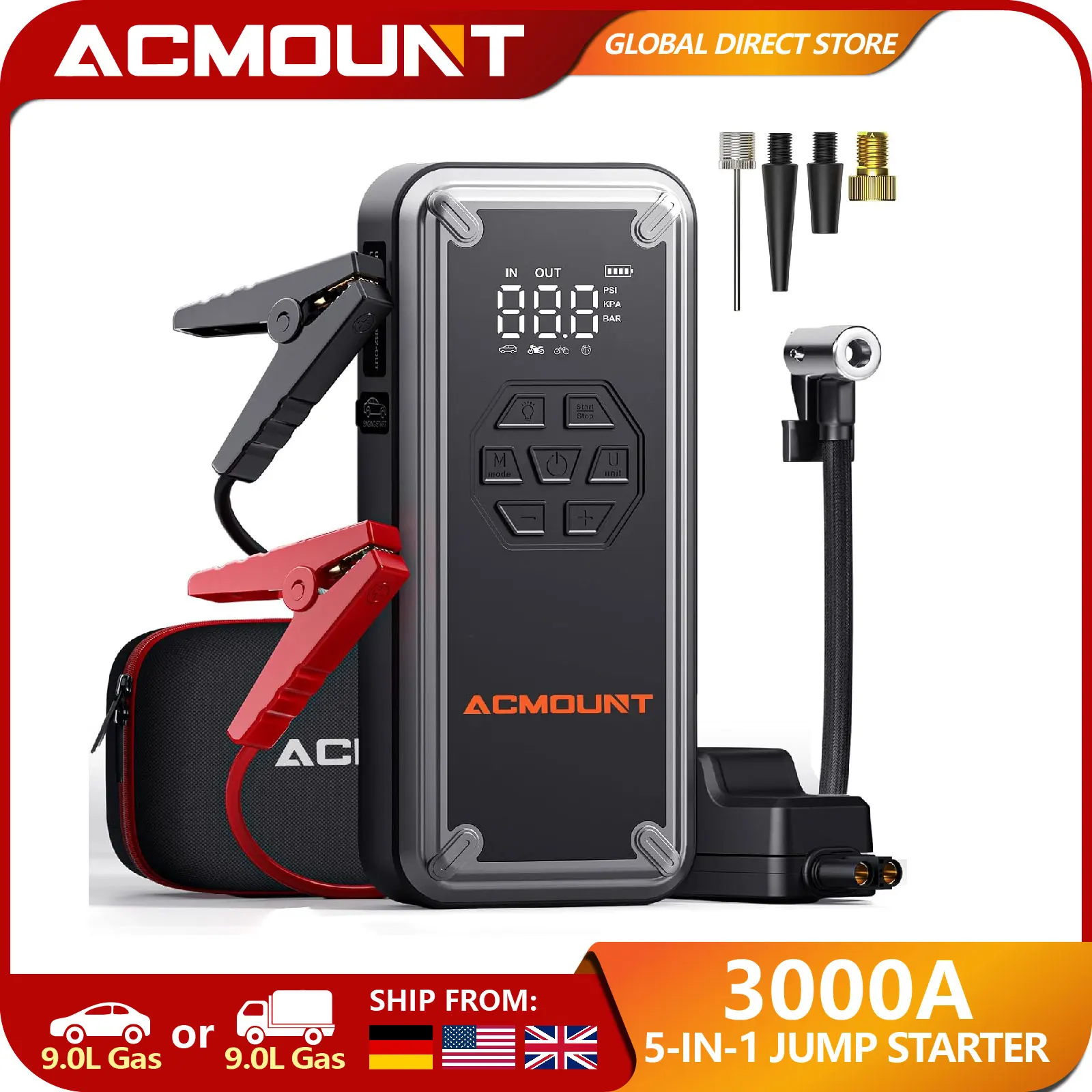 ACMOUNT 5-in-1 Car Jump Starter, 3000A Battery Jumper with 150PSI Tire Inflator, LED Light & Screen for Emergency