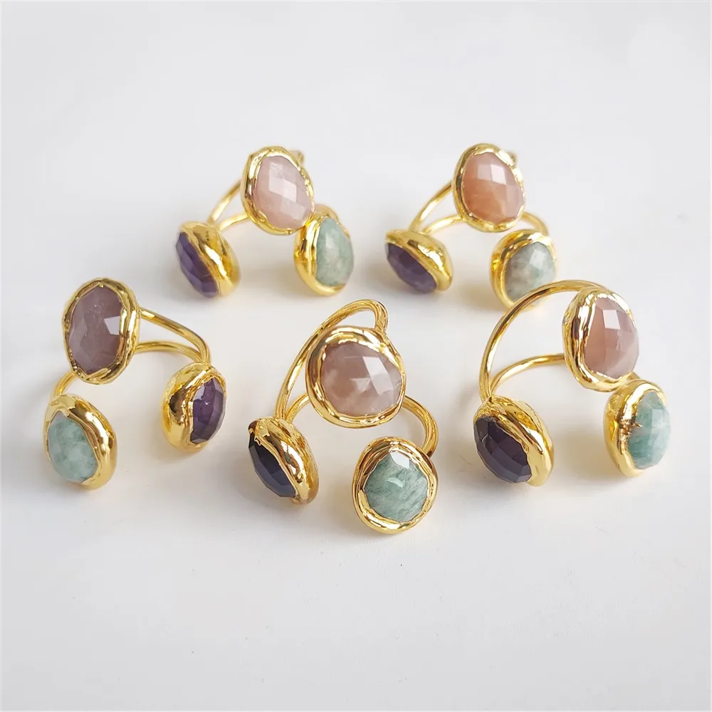 FUWO Wholesale Trendy Women Natural Gems Stone Cuff Ring Elegant Carved Crystal Jewelry Fit Female Wedding Party 5 Pcs/Lot RG023