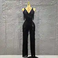 Combinaison moulante sans manches pour femmes, couleur noire, Sexy, col en v, glands brillants, tenue de scène pour fête d'anniversaire, performance 1
