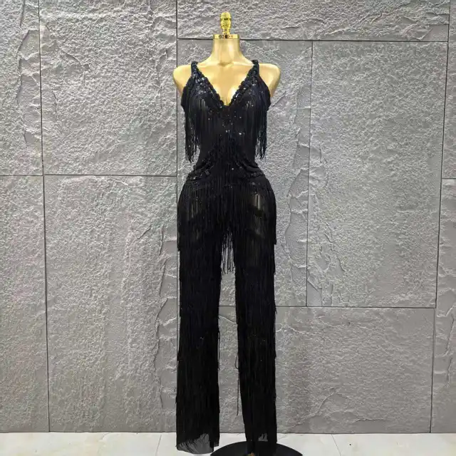 Combinaison moulante sans manches pour femmes, couleur noire, Sexy, col en v, glands brillants, tenue de scène pour fête d'anniversaire, performance 1