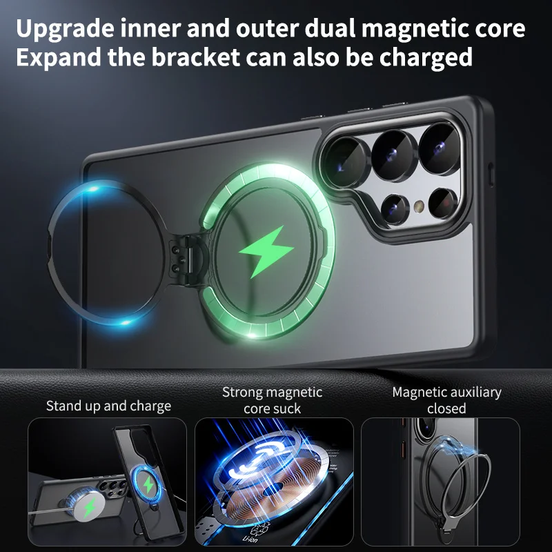 Transparent Magnetic Shockproof Phone Case with Rotating Bracket and MagSafe Compatibility