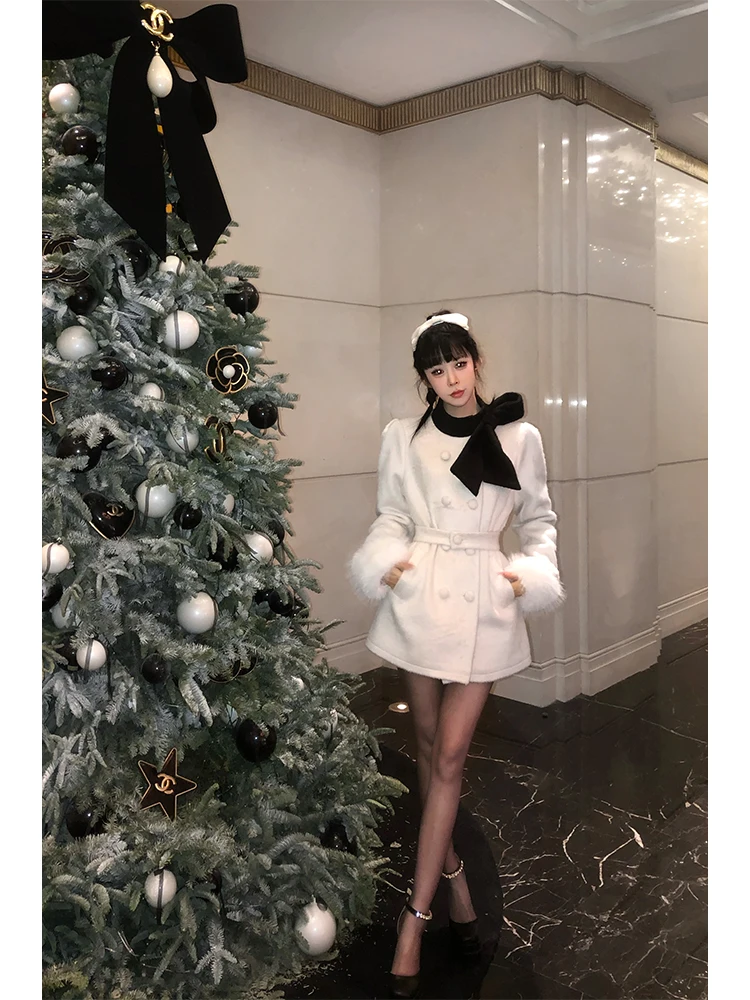 Fashion Commuter Long Sleeve Women's Woolen Jacket Autumn Winter French Elegant Cotton Padded Thickened Slim-Fit Woolen Coats