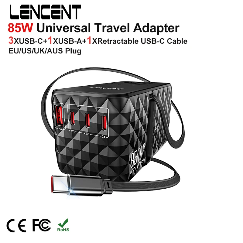 85W GaN Universal Travel Adapter 1USB-A +3 Type C +1USB-C +1Retractable USB-C Fast Charging plug adapter power plug adapter plug converter gan power adapter