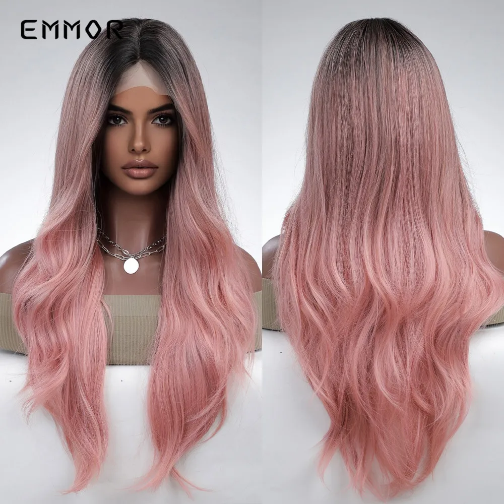 Emmor Synthetic Tpart Lace Wigs Part Long Wavy Root Black Ombre Red