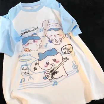 Y2K Summer Short Sleeved Japan Sweet Cartoon Color Blocking Shoulder Sleeves New Loose Fitting College Ins Tops Cartoon Leisure 1