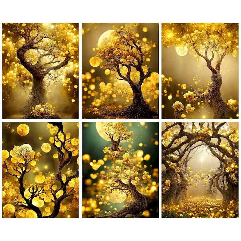 

GATYZTORY Frame Painting By Numbers For Adults Beginner Landscape Coloring By Numbers Golden Tree Handiwork For Personalized Gif