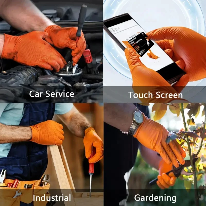 Disposable Gloves Heavy Duty Orange Nitrile Gloves 8Mil Industrial With Diamond Textured Grip For Mechanic Safety & Work Gloves 6