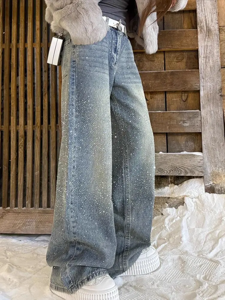 Jeans rétro de style américain de haute qualité, taille plus, entièrement ornés de strass, pour femmes, pantalon long tendance avec un design original
