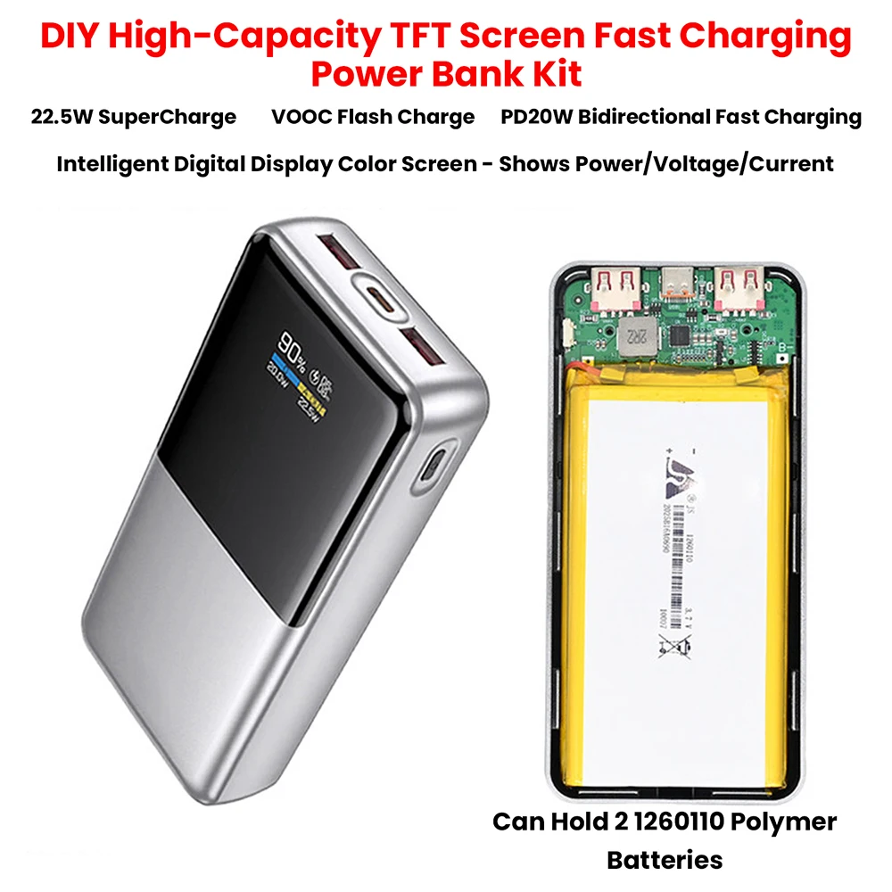 Modulo di Ricarica Rapida 22.5W, Kit Fai-da-Te per Power Bank con Display LCD a Colori TFT, Batteria al Litio Ternaria 3.7V, Supporta PD/QC/SCP/VOOC - Image 4