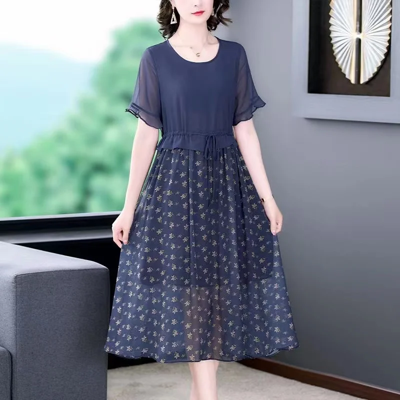 

Elegant Chiffon Dress Women's Summer New Round Neck Lotus Sleeve Spliced Print Dress Female Bandage Waist Slim A-line Dress