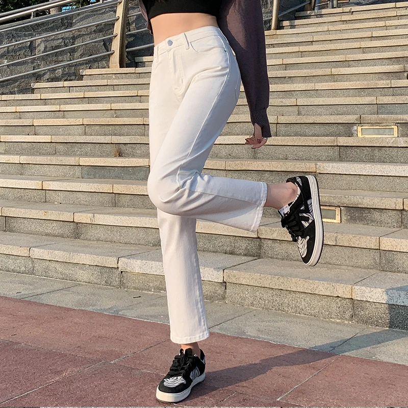

White High Waist Stretch Jeans Women 2023 Spring New Baggy Straight Ankle Length Wide Leg Casual Denim Pants Female