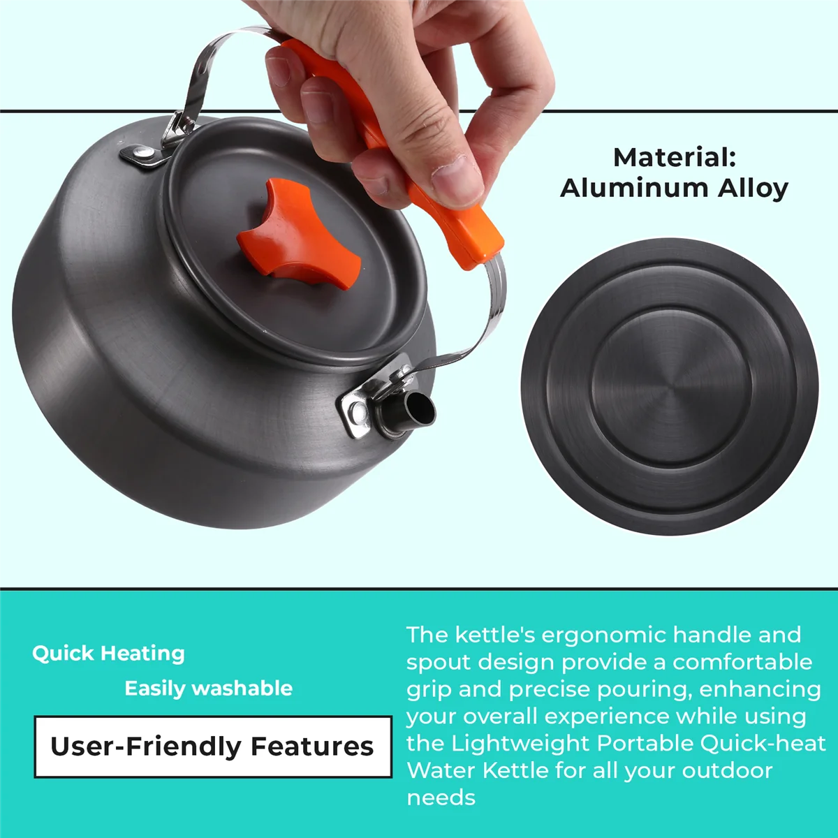 BAAU 1.1L Aluminum Alloy Outdoor Portable Quick-Heat Water Kettle for Outdoor Camping Cooking
