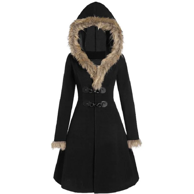 Women's Autumn And Winter Plaid Long Padded Jacket Hooded Fur Alloy Buckle Slim Woolen Women's Jacket down coats & jackets Coats & Jackets