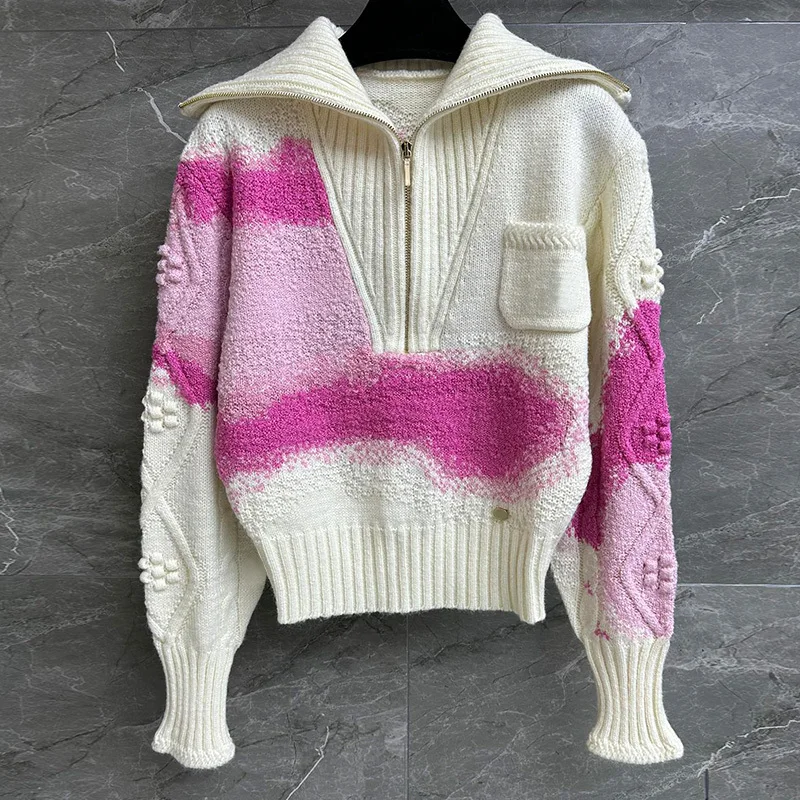 

High Quality Cashmere Wool Ski Sweater Fashion Contrast Color Zipper Lapel Knitted Pullover Lazy New Soft Warm Loose Jumpers Top