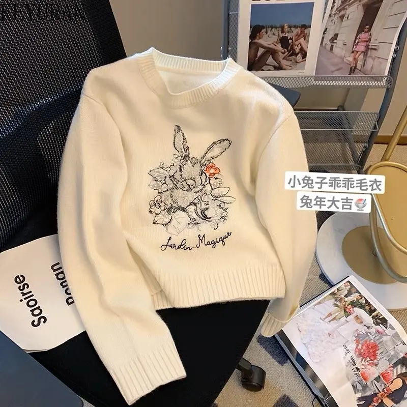 

White Rabbit Embroidery Pullover Sweater Women 2023 Autumn Winter O-Neck Long Sleeve Knitted Top Sueter Mujer Jumpers Pull Femme