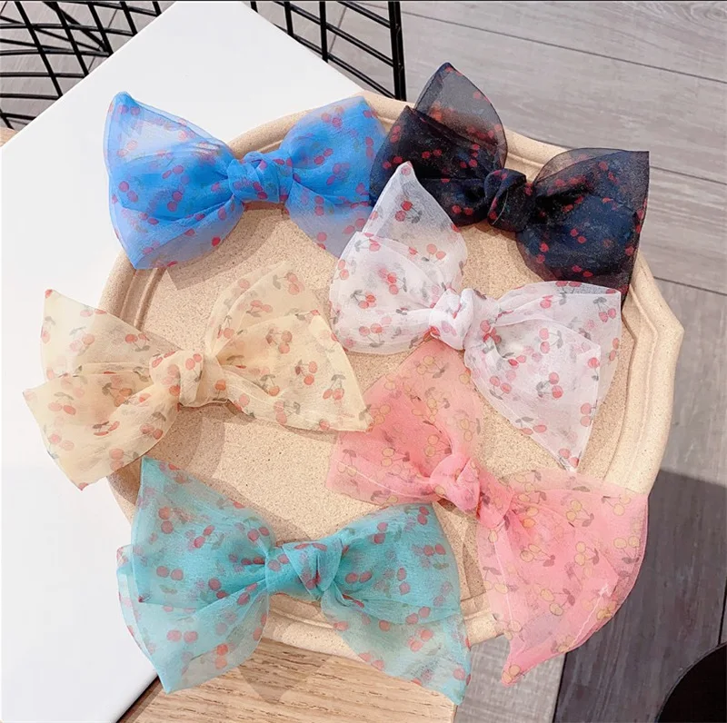 Korean Large Mesh Cherry Print Bow Knot Hair Clips Lace Hairpins Kawaii Barrettes Cute for Women Girls Hair Accessories