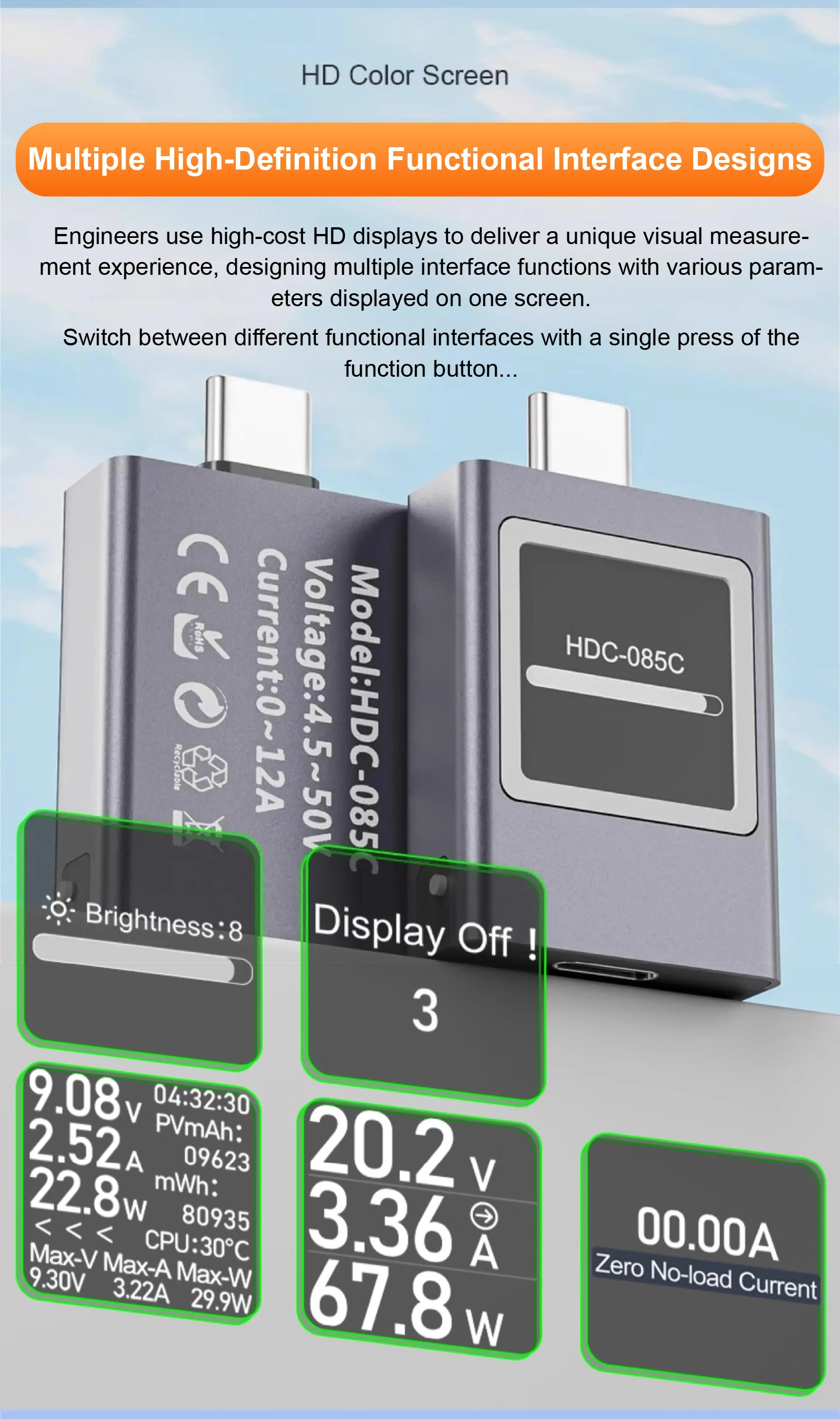 USB C PD3.1 Power Meter Tester 4.5-50V 0-6A 600W Digital Voltage Current Monitor