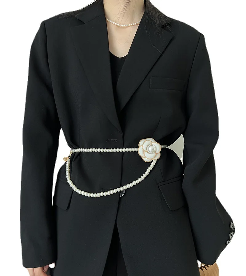 

Imitation Pearl Waist Chain Women's Accessories Camellia Decorative Dress with Thin Belt Suit Sweater Chain Fashion Waist Belt