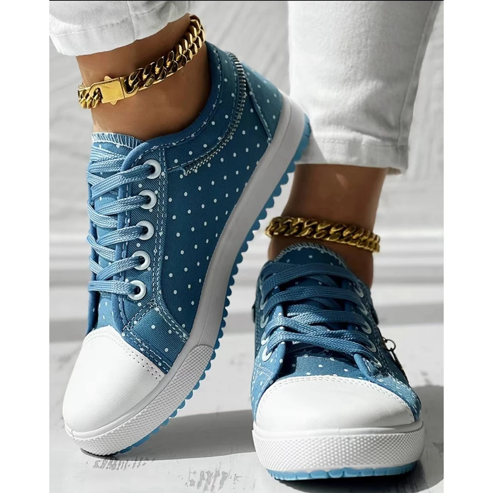 Women Polka Dot Print Round Toe Canvas Sneakers Autumn Women Casual Daily Lace-up Flats Shoes Korean Style Spring Autumn