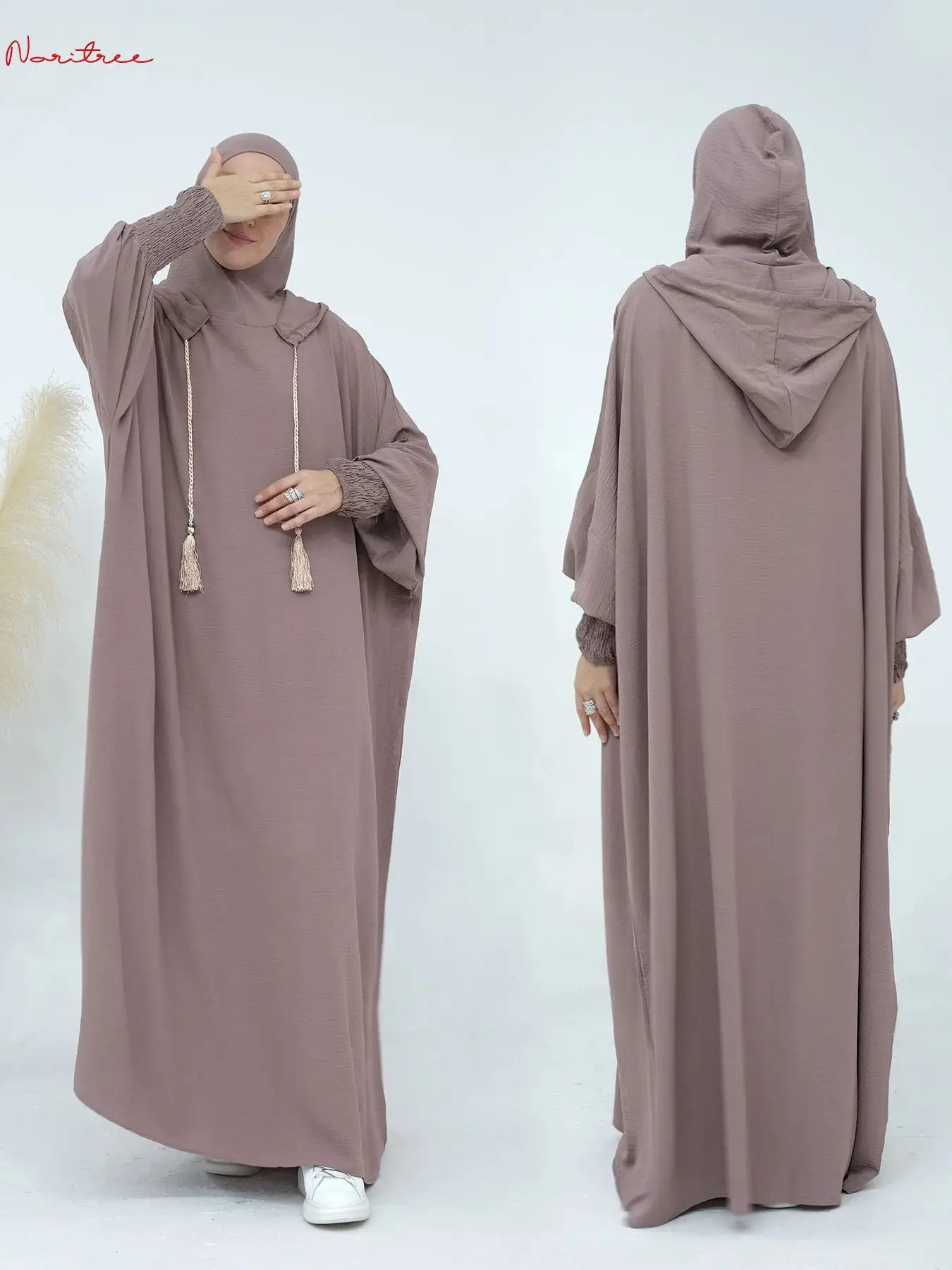

Ramadan Eid Fashion Hooded Muslim Dress Muslim Abaya Female Pleated Cuff Lantern Sleeve Islamic Kaftan Robe Islamic Abaya wy1961
