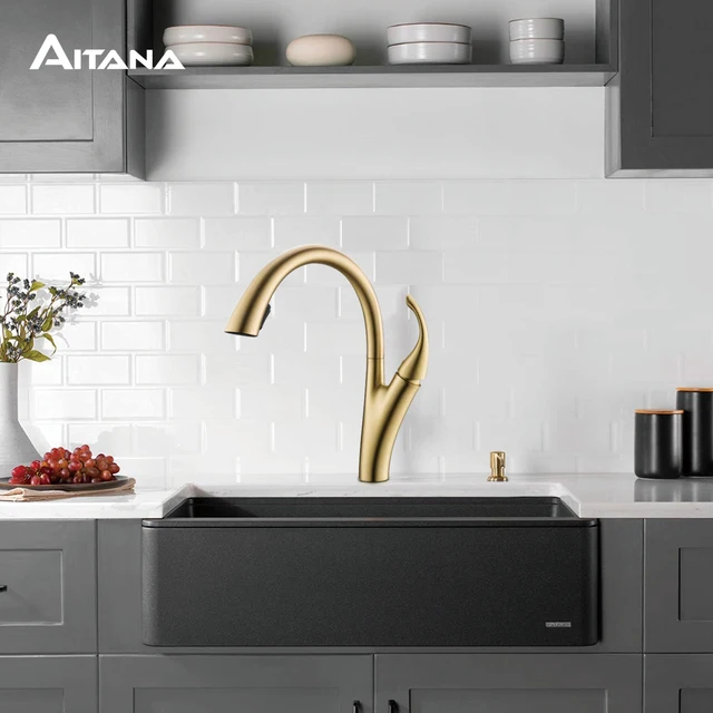 AITANA ก๊อกน้ําห้องครัวทองเหลืองสีดําดีไซน์เรียบง่ายทันสมัยด้ามจับเดี่ยวดึงออกก๊อกน้ําอ่างล้างจาน 2 ฟังก์ชั่น 3