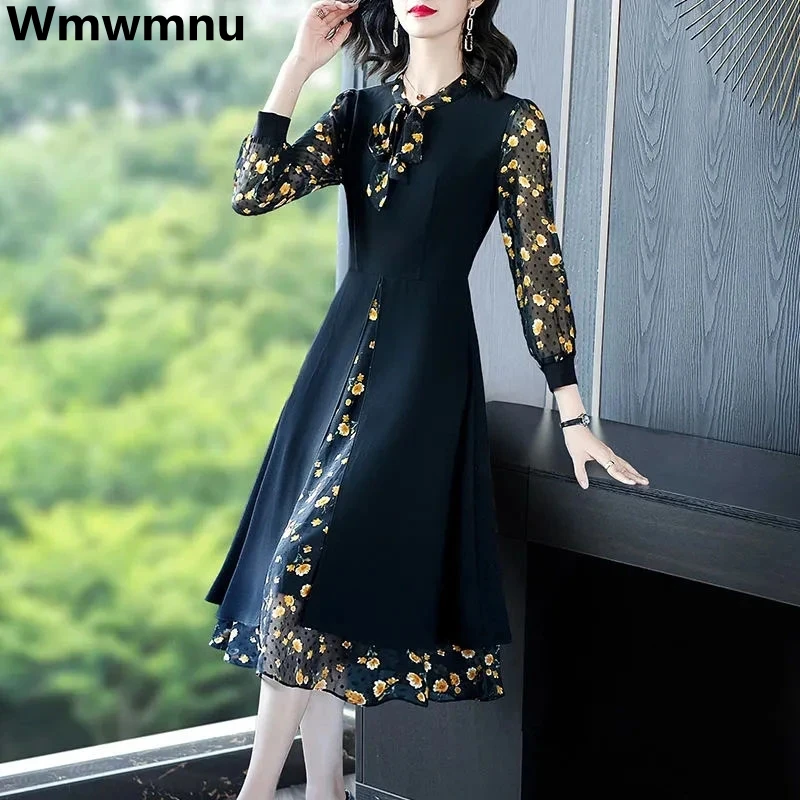 

Fake 2 Piece Vintage Split Floral Dress Women Oversize 5xl Splice Print Slim Casual A-line Vestido Elegant Midi Party Dresses